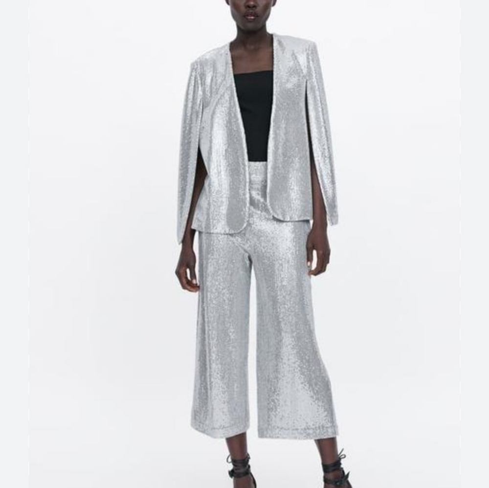 ZARA Kimono Silver Sequin Sparkly Jacket Cape Blazer Coat & Pant Set XS Size NWT